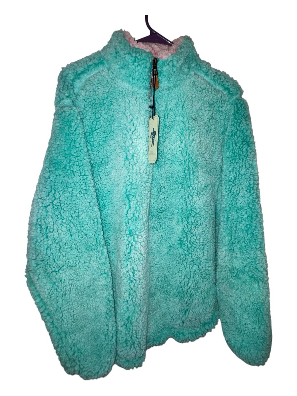Simply Southern Sherpa Puffer Pull Over- Aqua Teal with Pink Trim